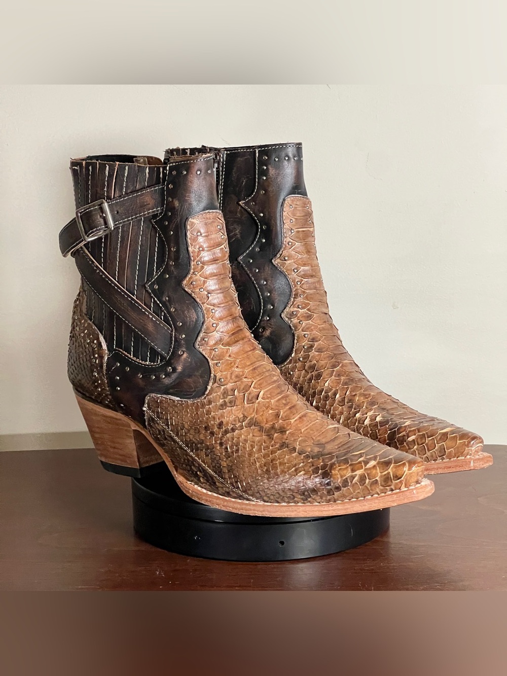 Freebird Morgan Python Cowgirl Bootie, Black and Brown, “Tan Python”, US 12